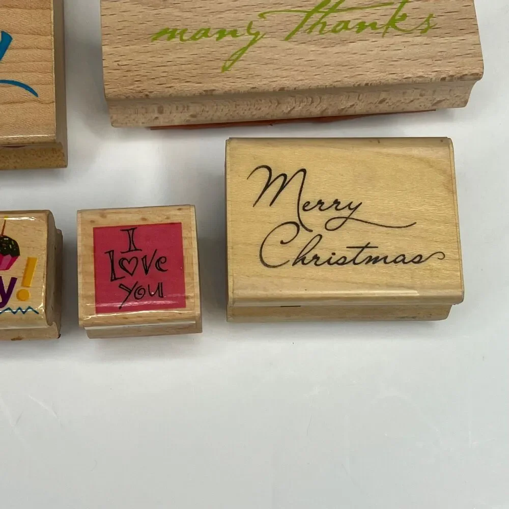 Lot of 8 Assorted Happy Birthday Merry Christmas Thank You Rubber Stamps